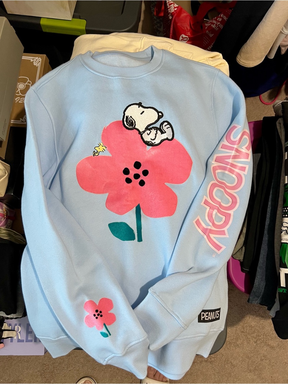 Peanuts Freeze Max Light Blue Crewneck with Pink Flower & Snoopy Graphic